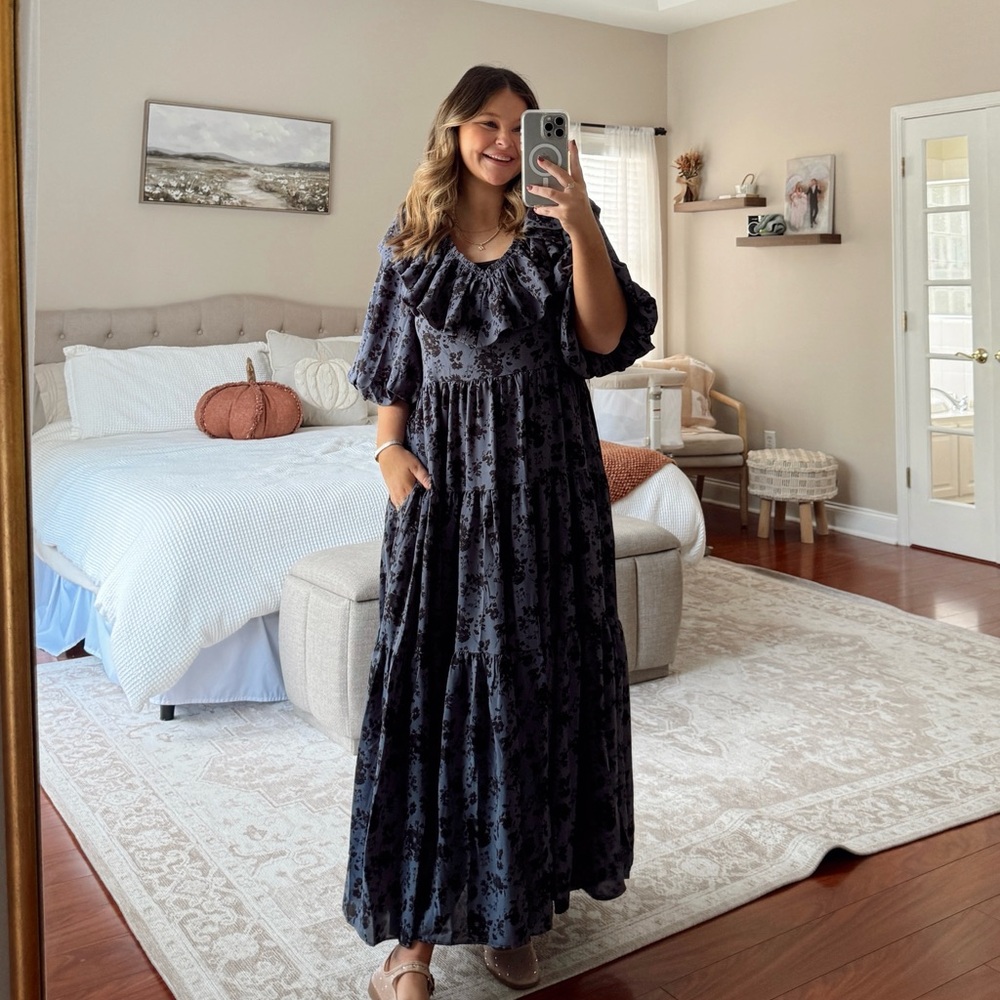 Women's Black Floral Maxi Dress with Ruffle Neckline